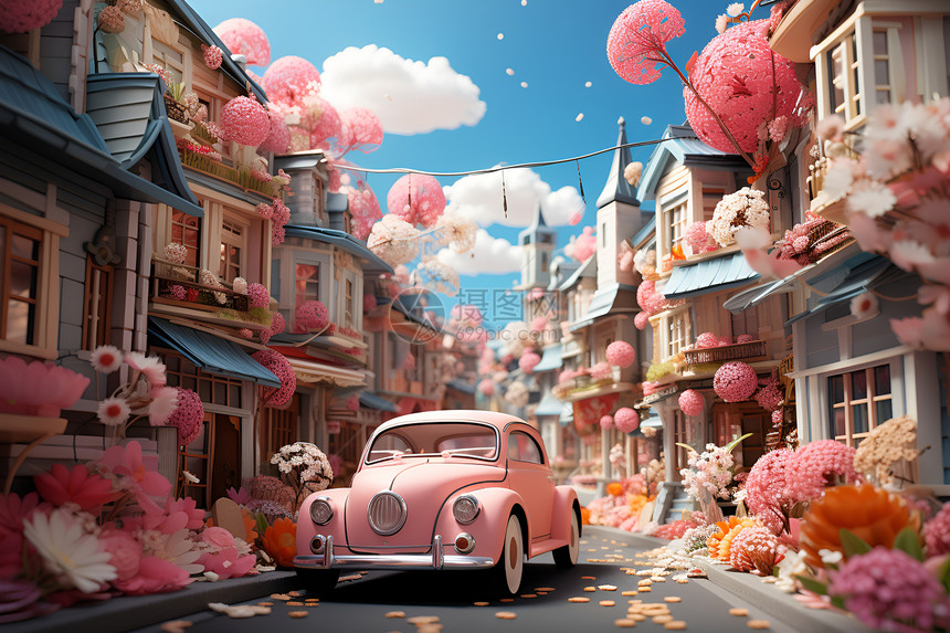 街道中的粉色汽车图片