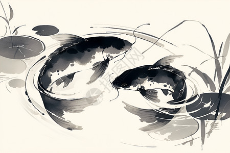 静谧湖水静谧池塘两只锦鲤插画