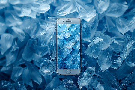 冰晶堆上的蓝色手机背景图片