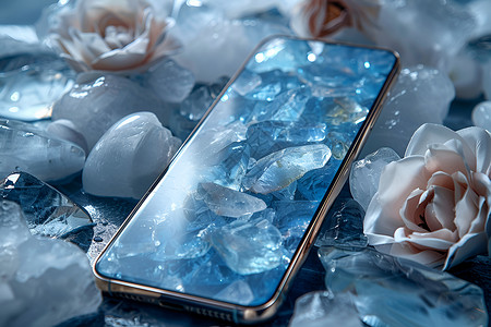 手机玻璃蓝色冰晶手机壁纸插画