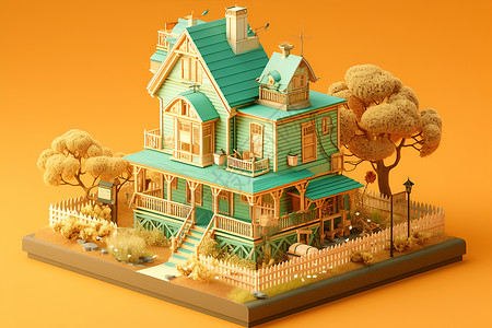 小屋模型可爱的绿顶小屋插画