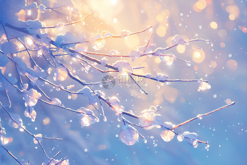 阳光下挂满冰珠的树枝图片