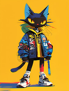 卡通黑猫穿着蓝色夹克背景图片
