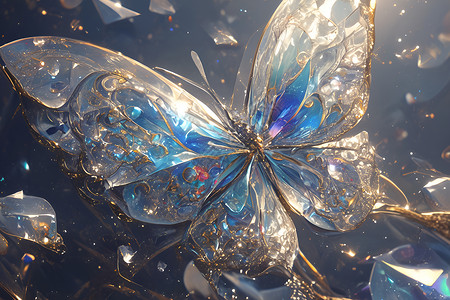 璀璨钻石阳光下璀璨的蓝色蝴蝶插画