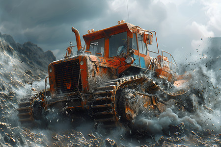 履带车辆山谷中的巨型橙色铲土机背景