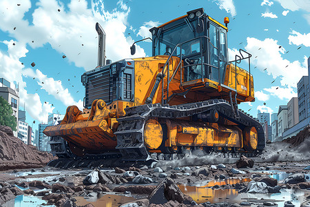 工地运输泥泞道路上的黄色推土机插画