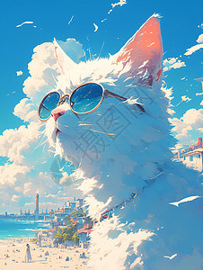 猫咪戴墨镜在沙滩上背景图片