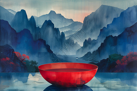 小红碗碧蓝湖泊前的红碗插画