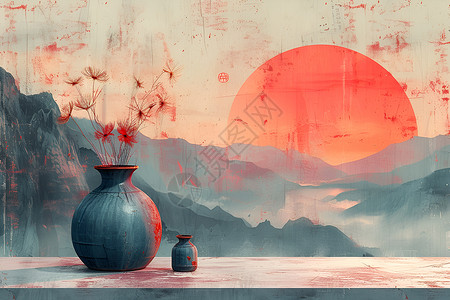 红色的花瓶落日山景下的瓷罐插画