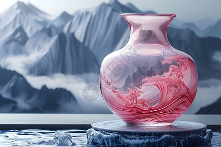丹宁蓝山下的粉色花瓶插画