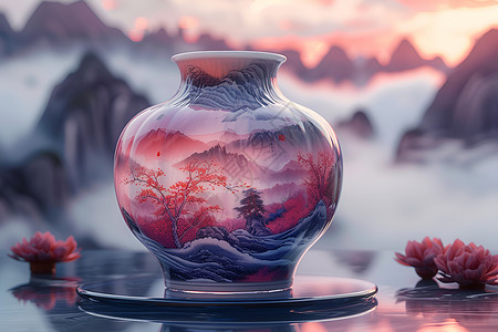 山水摆件花瓶上的山景插画