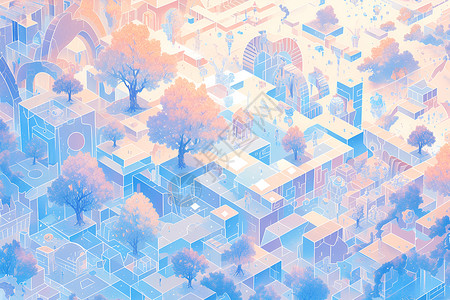 几何方块颗粒像素化城市建筑城市之旅插画