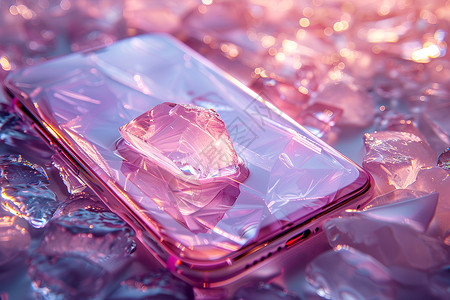 手机上的粉色水晶碎片背景图片