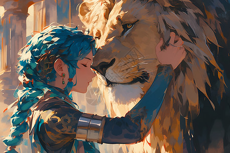 女孩和狮子背景图片