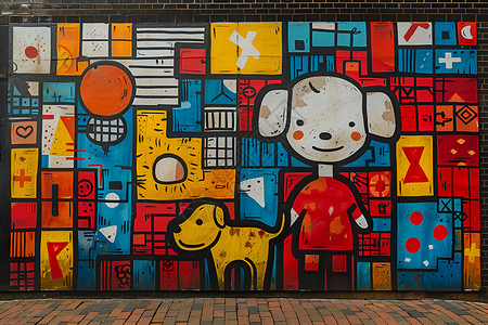 儿童彩绘彩绘墙上的男孩和狗插画