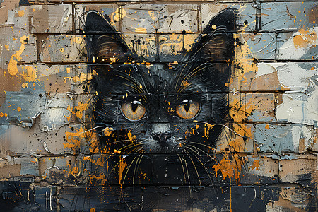 墙壁上的黑猫涂鸦背景图片