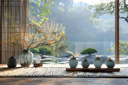 新中式标题框茶室中的自然美学背景