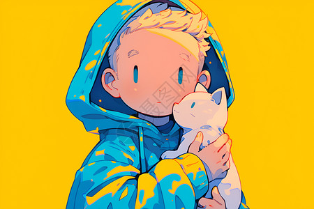 男孩抱着一只小白猫高清图片