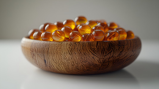 橄榄形木碗中晶莹剔透的胶囊背景