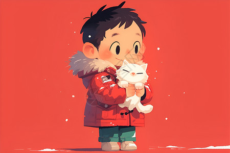 冬日男孩拥抱小白猫背景图片