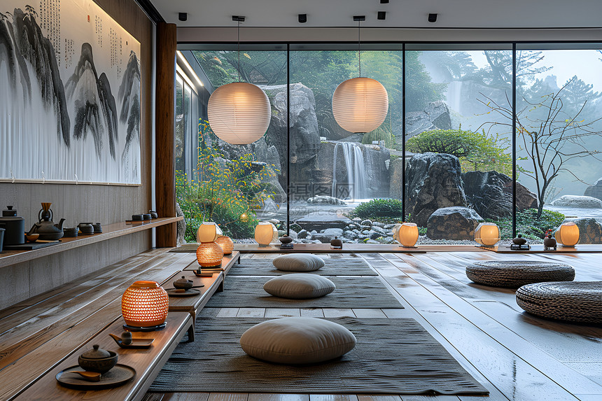光影交融岩石灯光与瀑布的京都茶室图片