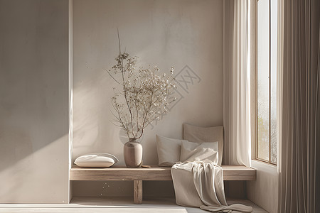 窗帘沙发窗边的木质长桌插画