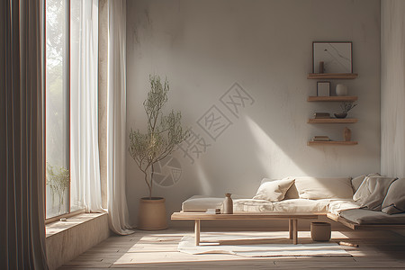 原木沙发组合窗前的木质家具插画