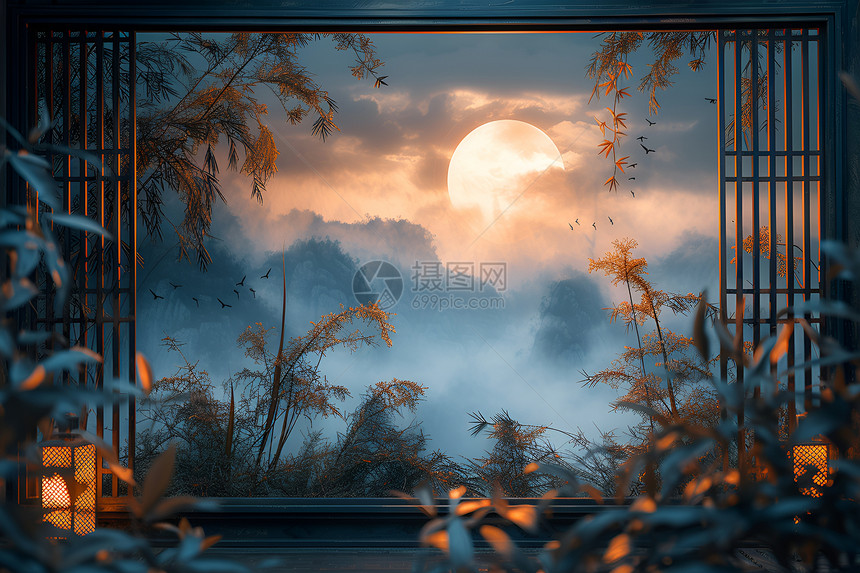 月落寂静林间的窗外图片