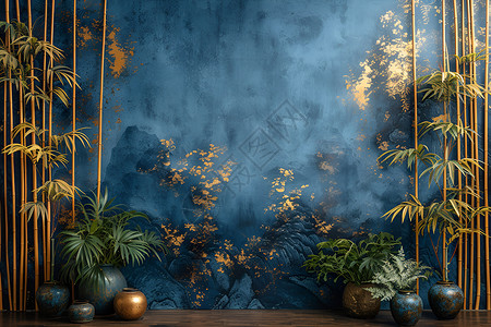 蓝色墙壁和竹子树壁画背景图片