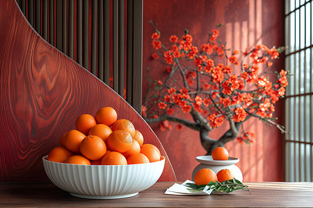 红梅与橘子背景图片