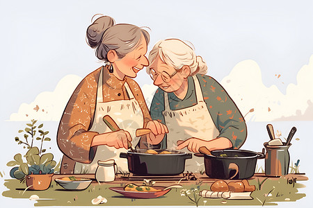 老奶奶戴围裙烹饪背景图片