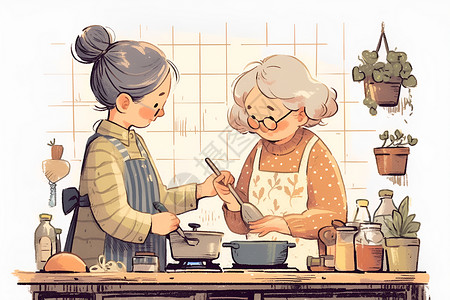亲密厨房使用锅具烹饪的老人插画