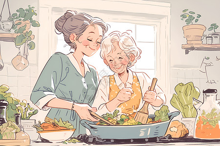 亲密厨房妇女共享烹饪插画