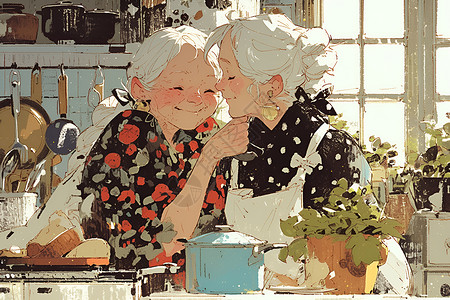 两位奶奶的厨房时光背景图片