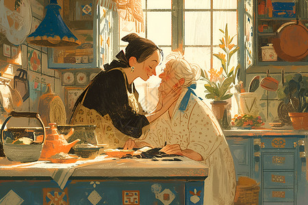 厨房里的女子和老人背景图片