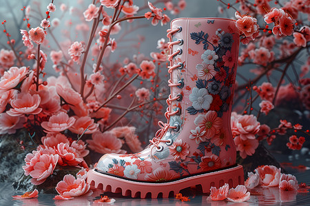 粉色雨靴与花朵背景图片