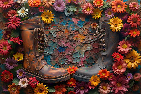 鲜花与大皮靴子背景图片