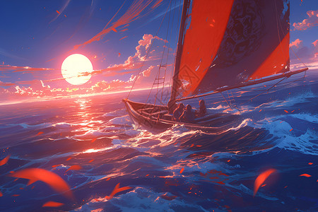 扬帆新海洋扬帆夕阳海洋之旅插画