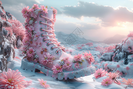 牛皮雪地靴粉色花朵雪地靴插画