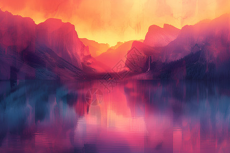 夕阳下的湖畔山脉背景图片