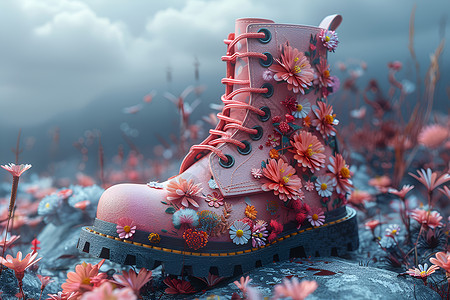 粉色的靴子和花卉背景图片