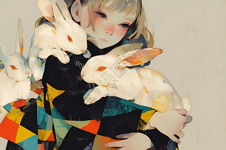 怀抱兔子的少女背景图片