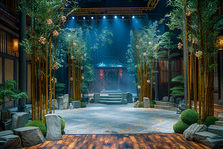 大树绿植金竹映衬之下的舞台设计背景