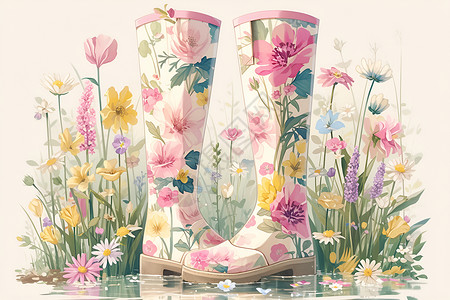 花丛里的靴子背景图片