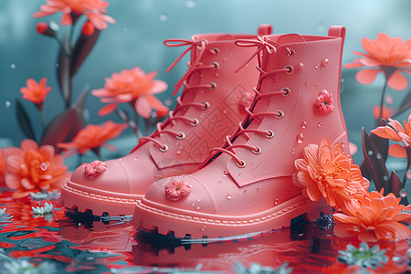 清新花境里的粉色雨靴背景图片