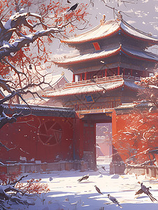 雪中树枝雪中的紫禁城插画