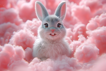 粉色可爱云彩粉色云彩中的绒花兔子插画