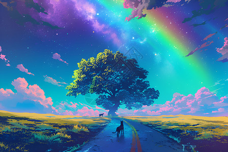 云彩中的彩虹天空下的大树设计图片