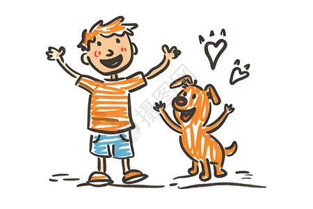 涂鸦卡通小男孩和小狗插画