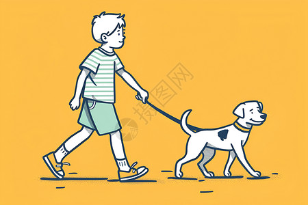 少年牵着狗狗背景图片